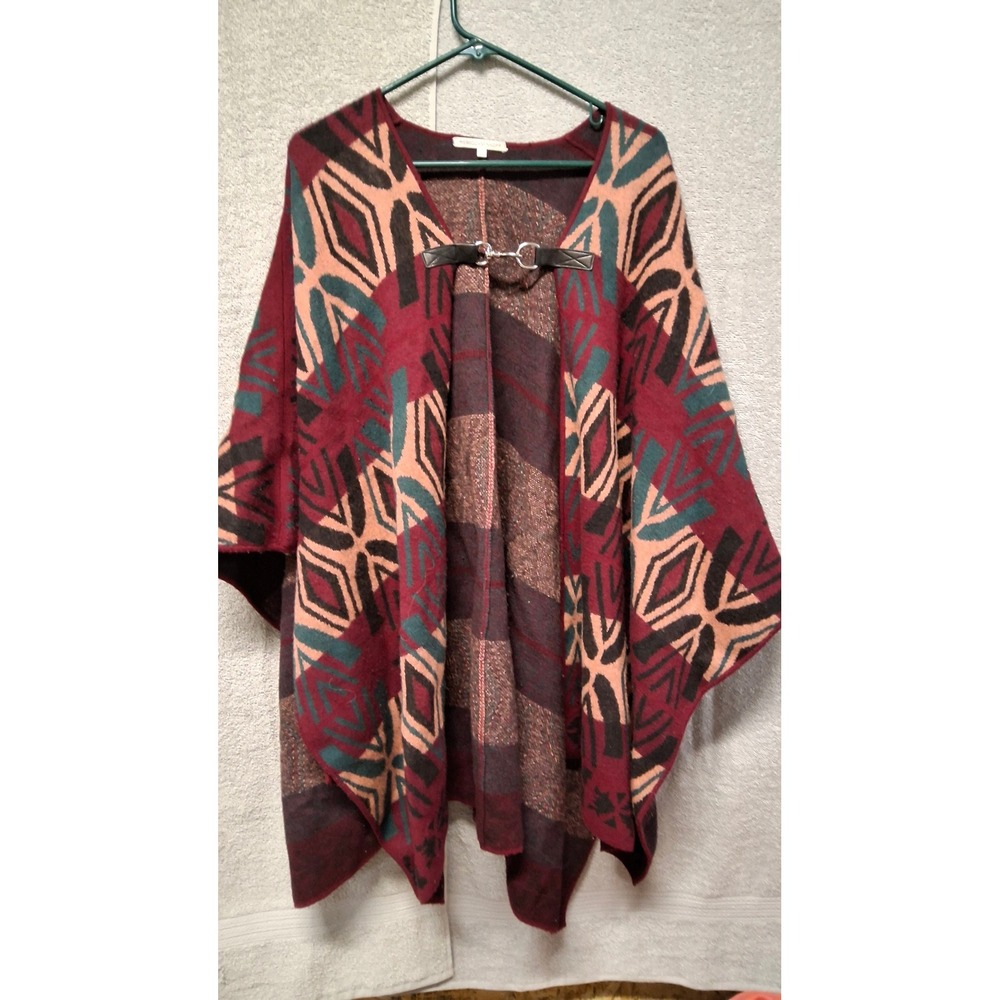 Rebecca Minkoff Southwestern Geometric Knit Poncho Burgundy Wrap Clasp OS (B 6)